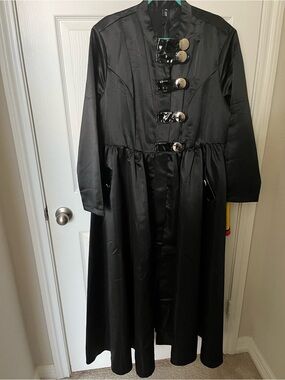 Classic Black Long-Sleeve Coat Dress with Gloss Button Accents